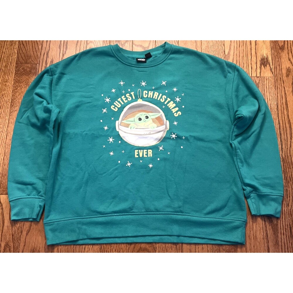 Star Wars Grogu Baby Yoda Christmas Sweatshirt Womens M Green Holiday Fleece Top